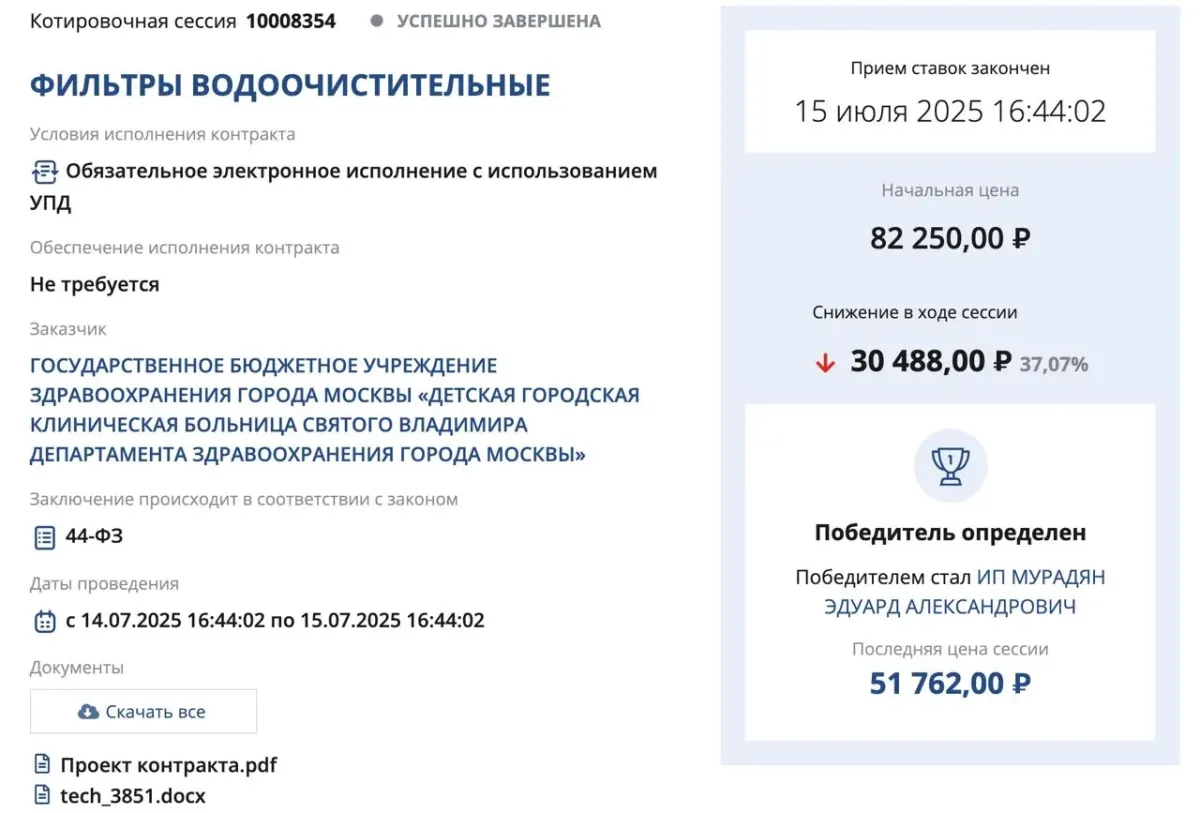 Скриншот карточки закупки с данными о контракте и ходе электронной процедуры по 44‑ФЗ