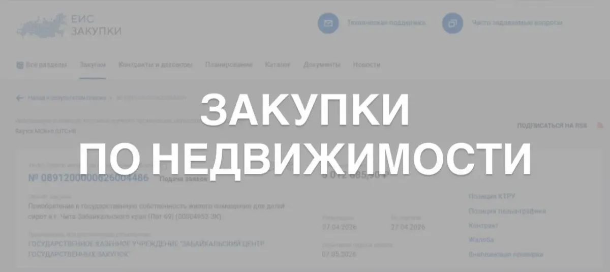 Крупный русский заголовок «Закупки по недвижимости» на размытом фоне сайта